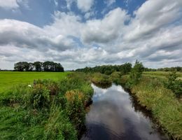 Landschaft mit Fluss, grünen Wiesen und Bäumen unter bewölktem Himmel.
