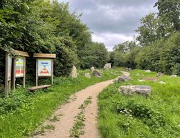 Ein Weg mit Infotafeln und der Tarper Findlingsgarten im Hintergrund
